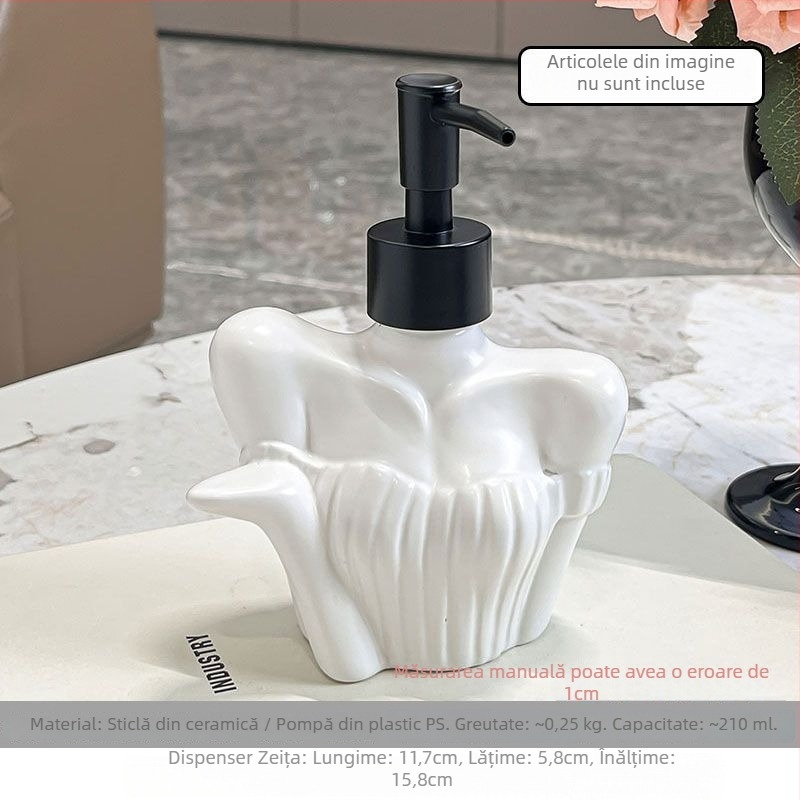 Recipient ceramic pentru dezinfectant de mâini cu mecanism de apăsare, glazurat, stil lux lejer, pentru baie și gel de duș