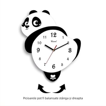 Ceas de perete în formă de panda pentru living, mișcare sweep, alimentat cu baterii, corp și cadran din MDF, grosime 45 mm