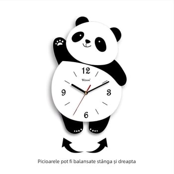 Ceas de perete în formă de panda pentru living, mișcare sweep, alimentat cu baterii, corp și cadran din MDF, grosime 45 mm