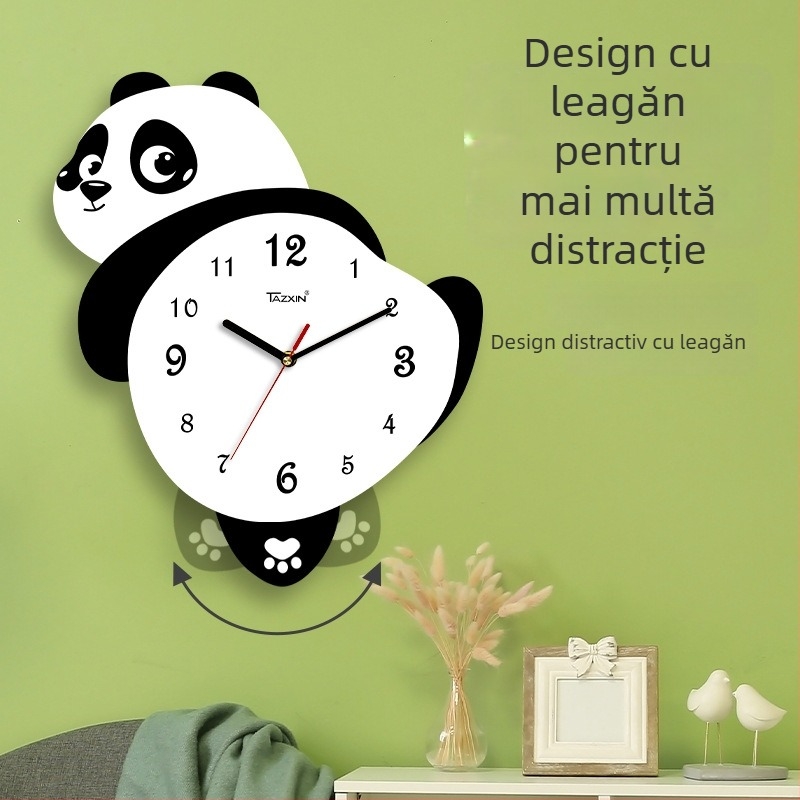 Ceas de perete în formă de panda pentru living, mișcare sweep, alimentat cu baterii, corp și cadran din MDF, grosime 45 mm