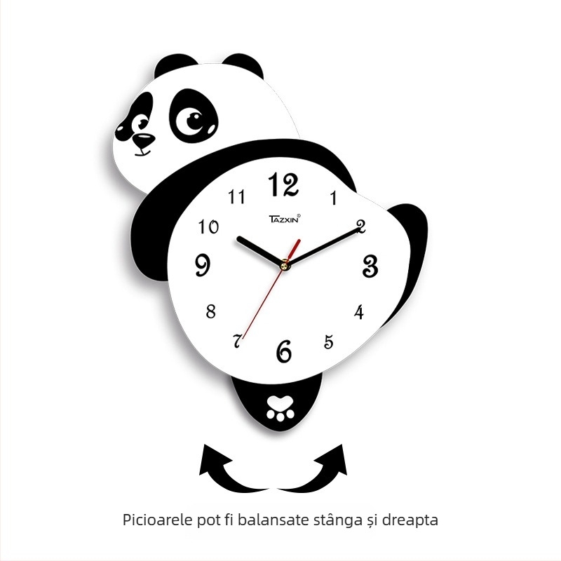 Ceas de perete în formă de panda pentru living, mișcare sweep, alimentat cu baterii, corp și cadran din MDF, grosime 45 mm