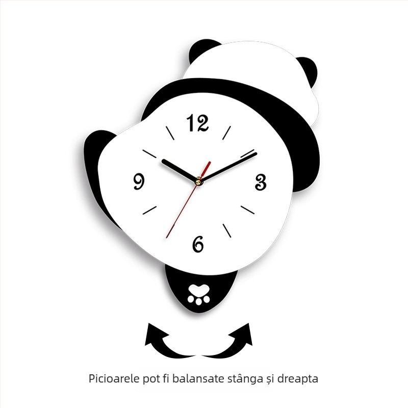 Ceas de perete în formă de panda pentru living, mișcare sweep, alimentat cu baterii, corp și cadran din MDF, grosime 45 mm
