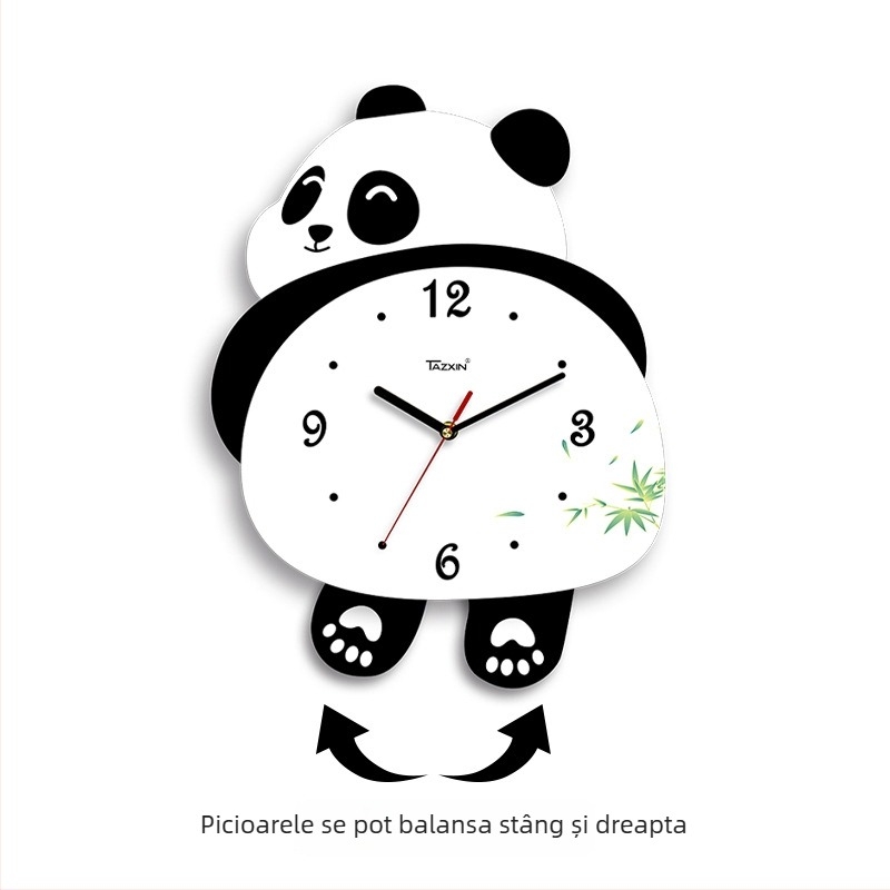 Ceas de perete în formă de panda pentru living, mișcare sweep, alimentat cu baterii, corp și cadran din MDF, grosime 45 mm