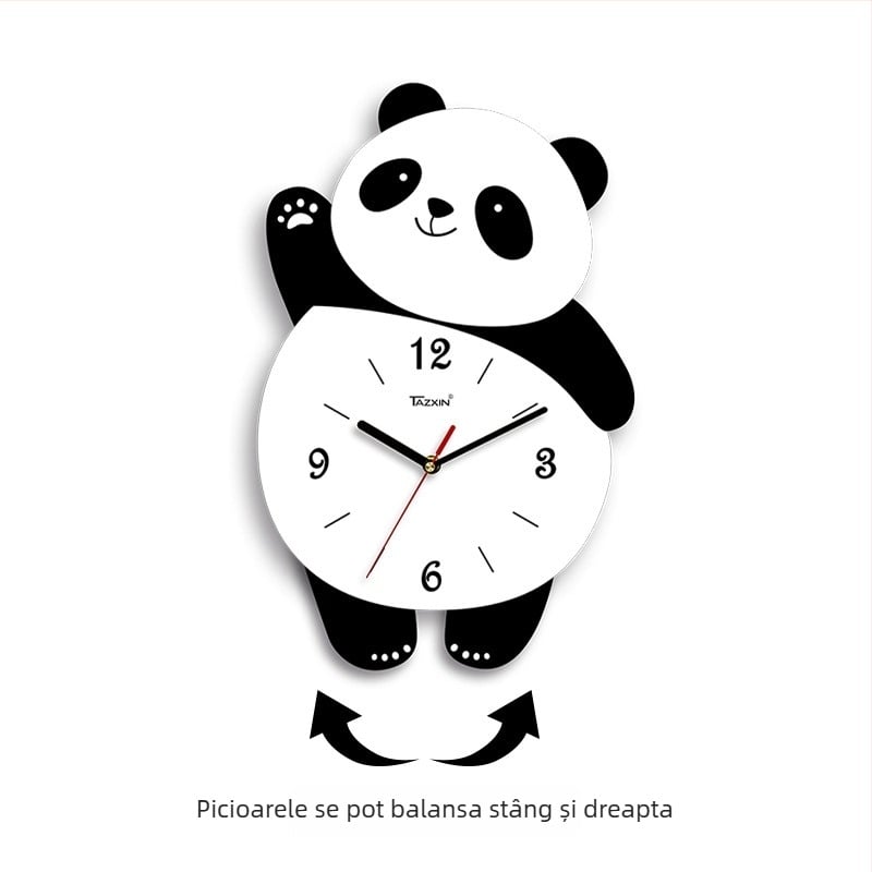 Ceas de perete în formă de panda pentru living, mișcare sweep, alimentat cu baterii, corp și cadran din MDF, grosime 45 mm