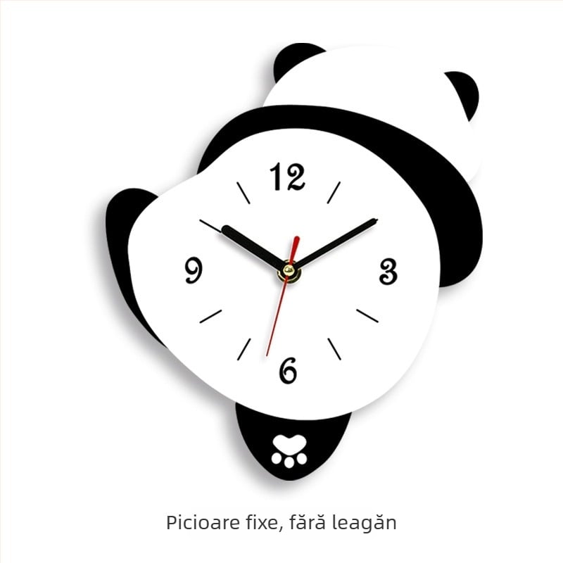 Ceas de perete în formă de panda pentru living, mișcare sweep, alimentat cu baterii, corp și cadran din MDF, grosime 45 mm