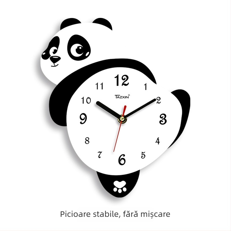Ceas de perete în formă de panda pentru living, mișcare sweep, alimentat cu baterii, corp și cadran din MDF, grosime 45 mm