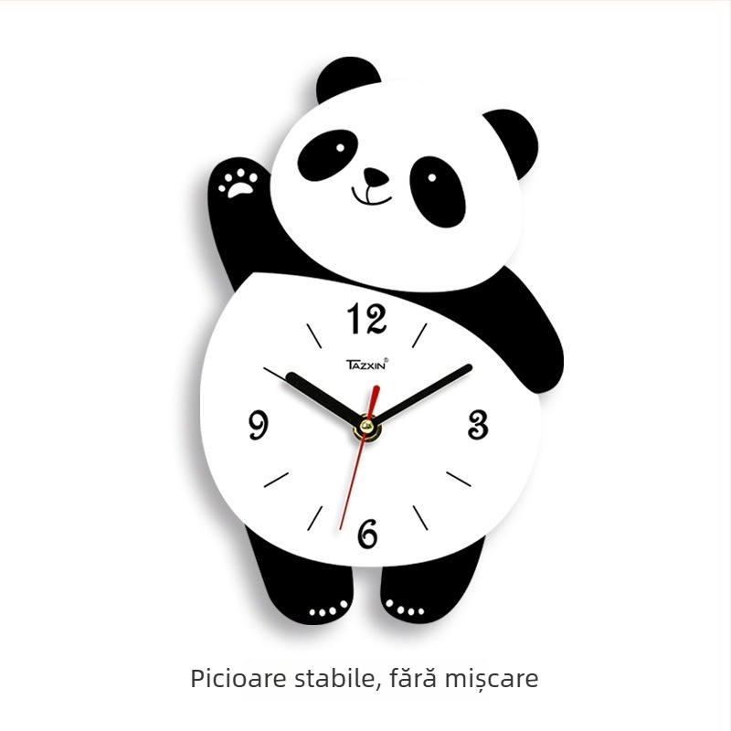 Ceas de perete în formă de panda pentru living, mișcare sweep, alimentat cu baterii, corp și cadran din MDF, grosime 45 mm
