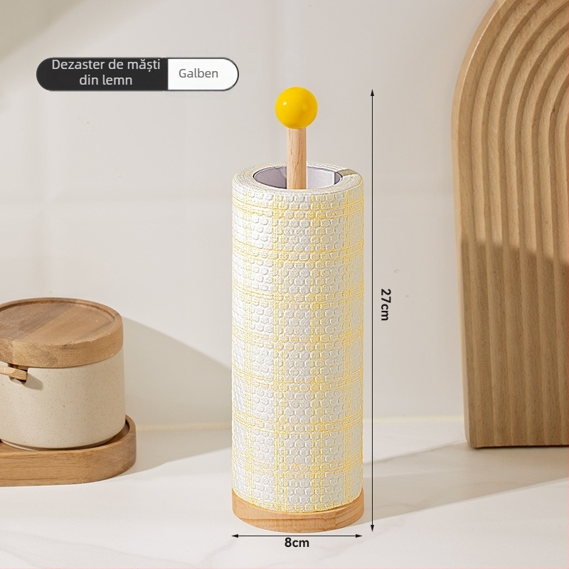 Suport din lemn pentru role de bucătărie și șervețele – formă rotundă, suprafață lustruită, stil modern minimalist