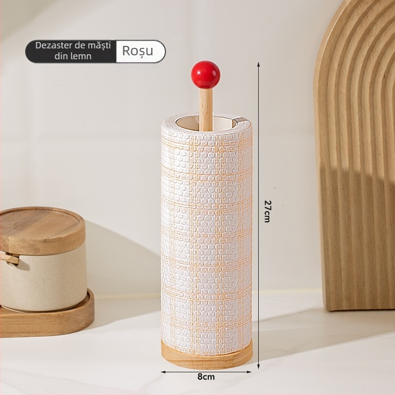 Suport din lemn pentru role de bucătărie și șervețele – formă rotundă, suprafață lustruită, stil modern minimalist