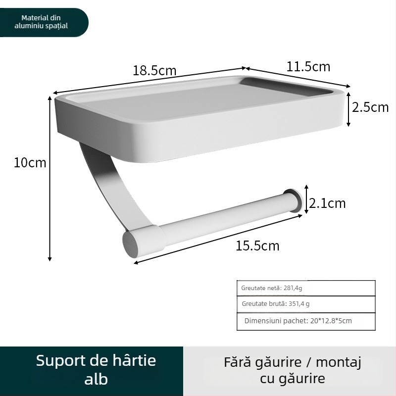 Suport montat pe perete din aluminiu, 2 etaje pentru hârtie igienică și organizator pentru telefon, fără găuri, baie