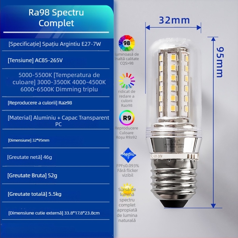 Lampă de birou pentru învățare copii, spectru complet Ra98, protecție oculară, RG0 fără lumină albastră, CRI ≥95, 85–265V