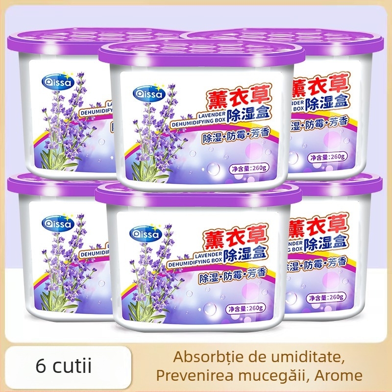Cutie desicantă pentru deshumidificare cu pungă de absorbție a umezelii, anti-mucegai, parfum lavandă, 260 g
