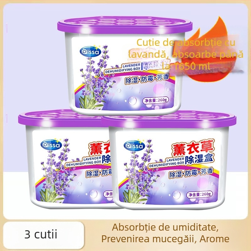 Cutie desicantă pentru deshumidificare cu pungă de absorbție a umezelii, anti-mucegai, parfum lavandă, 260 g
