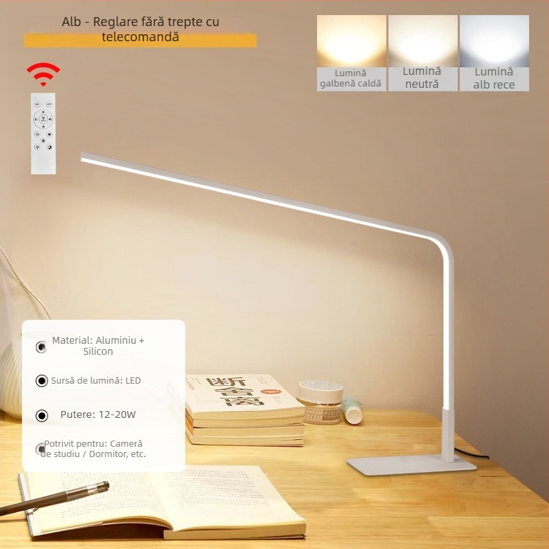 Lampa de birou LED cu protecție pentru ochi pentru studenți — abajur din silicon, telecomandă, 220V, CRI ≥90, design minimalist modern