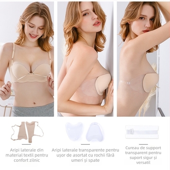 Sutien invizibil umflat dintr-o singură bucată pentru sâni mici, cu push-up, fără cusături, bretele detașabile duble, închidere laterală, material nylon-elastan, potrivit pentru rochii de mireasă