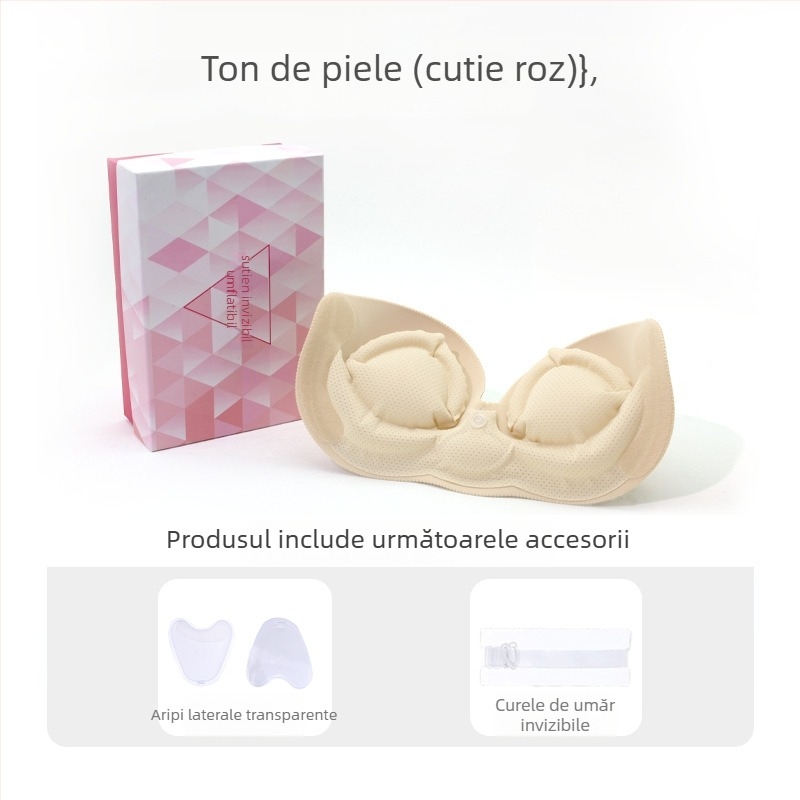 Sutien invizibil umflat dintr-o singură bucată pentru sâni mici, cu push-up, fără cusături, bretele detașabile duble, închidere laterală, material nylon-elastan, potrivit pentru rochii de mireasă