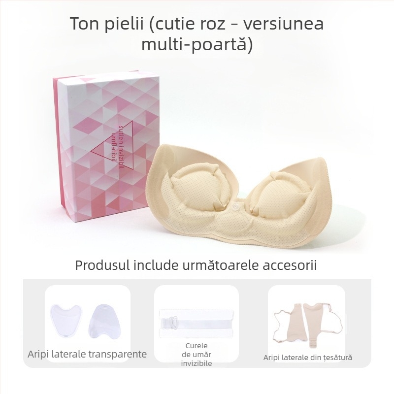 Sutien invizibil umflat dintr-o singură bucată pentru sâni mici, cu push-up, fără cusături, bretele detașabile duble, închidere laterală, material nylon-elastan, potrivit pentru rochii de mireasă