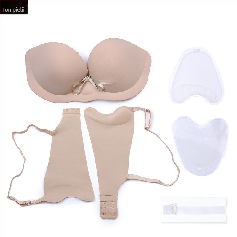 Sutien invizibil umflat dintr-o singură bucată pentru sâni mici, cu push-up, fără cusături, bretele detașabile duble, închidere laterală, material nylon-elastan, potrivit pentru rochii de mireasă