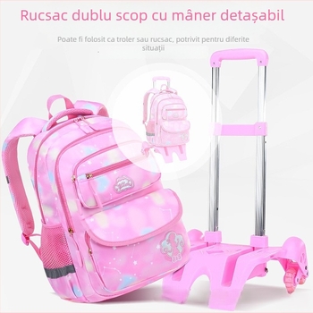 Rucsac școlar cu roți pentru clasa primară, șase roți, design detașabil, nylon, protecție a coloanei vertebrale