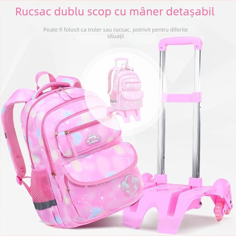 Rucsac școlar cu roți pentru clasa primară, șase roți, design detașabil, nylon, protecție a coloanei vertebrale
