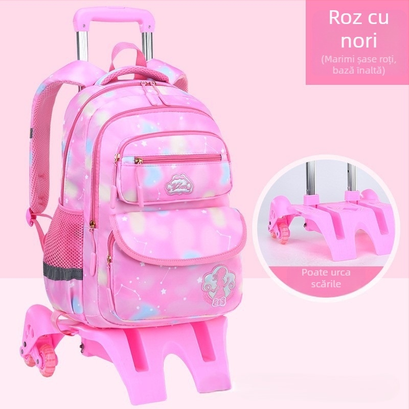 Rucsac școlar cu roți pentru clasa primară, șase roți, design detașabil, nylon, protecție a coloanei vertebrale
