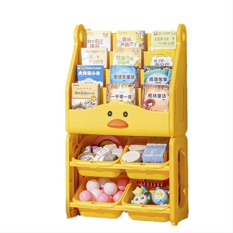 Bibliotecă pentru copii pe podea, din plastic, 6 rafturi, stil cartoon, depozitare pentru cărți ilustrate și jucării, pentru dormitor sau living