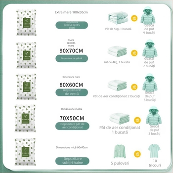 Sac de stocare prin vid pentru haine și pilote – Îngroșat, tip aspirare, material PA+PE, fără pompă, set de 150 bucăți