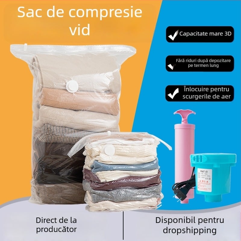 Sac de compresie vacuum pentru haine, material PA-PE, aspirație 3D, cu pompă, Han Feizi