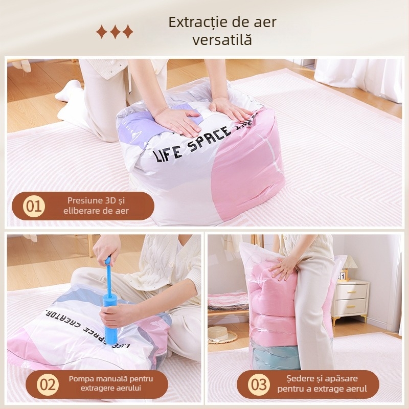 Sac de compresie vacuum pentru haine și cuverturi – design tridimensional, fără pompă; tip șezut; material PA+PE; model 1314.