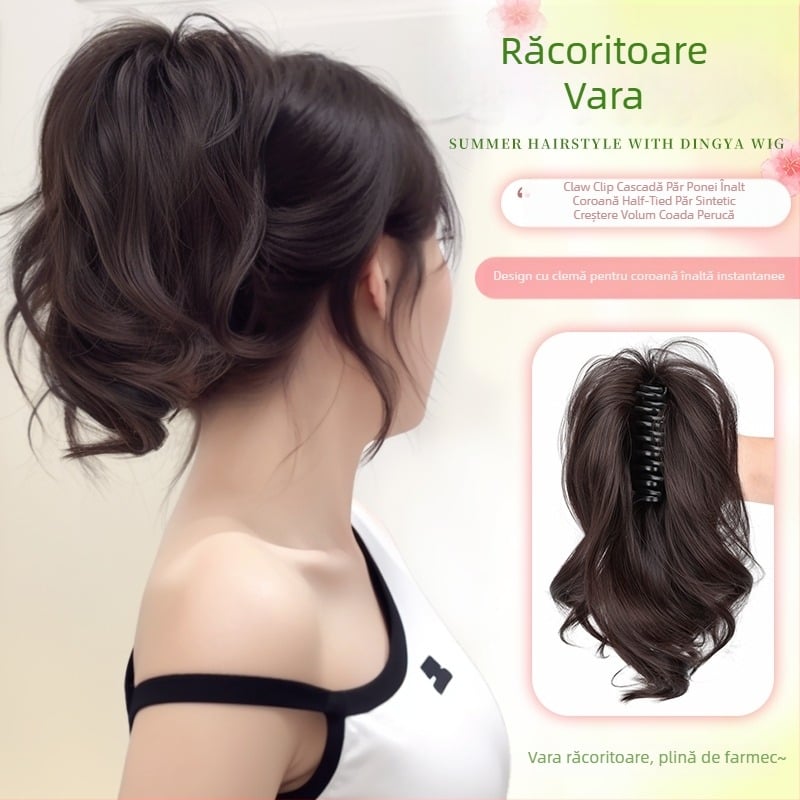 Perucă cu coadă de cal, design cascadă, coroană înaltă, păr sintetic rezistent la temperatură, nu se recomandă vopsirea sau îndreptarea