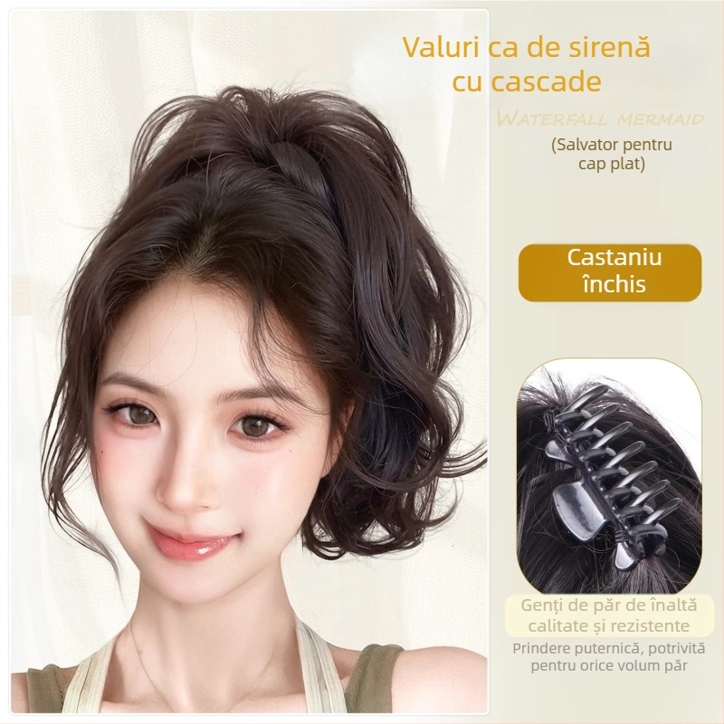 Perucă cu coadă de cal, design cascadă, coroană înaltă, păr sintetic rezistent la temperatură, nu se recomandă vopsirea sau îndreptarea