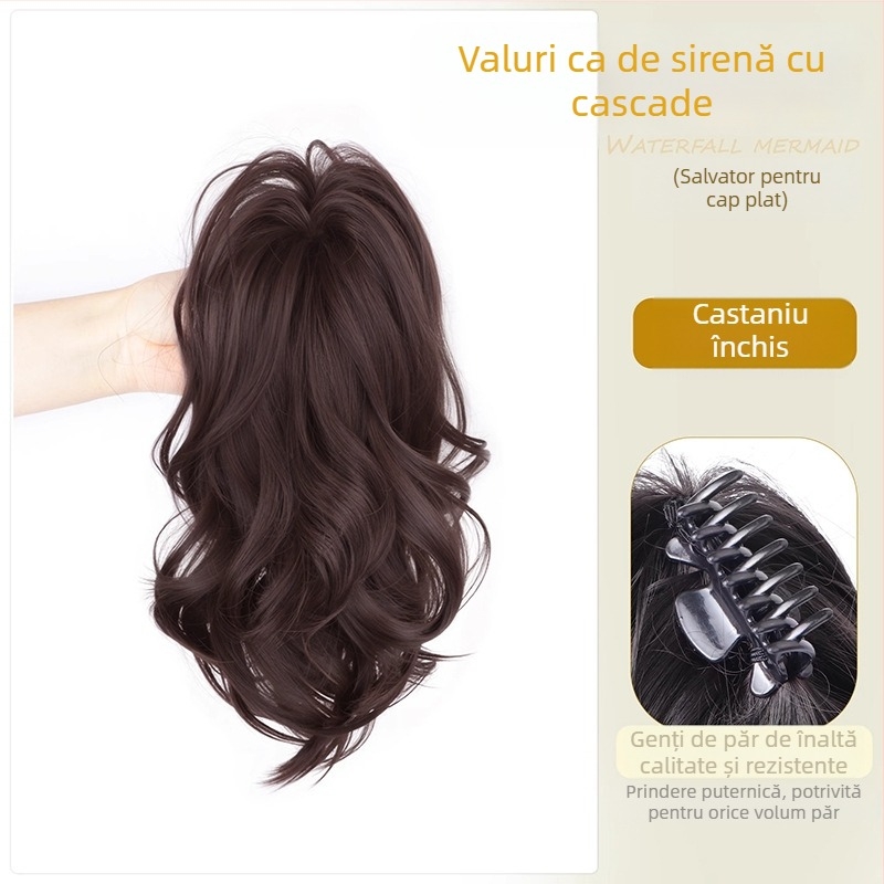 Perucă cu coadă de cal, design cascadă, coroană înaltă, păr sintetic rezistent la temperatură, nu se recomandă vopsirea sau îndreptarea