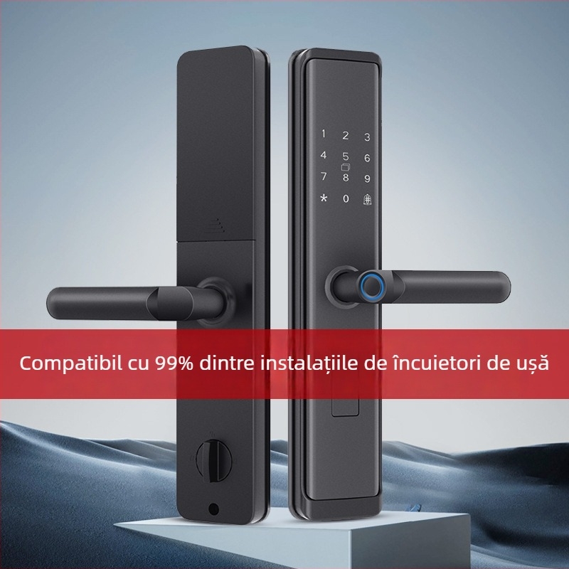 Zamok inteligent pentru ușă cu amprentă și parolă — 40 de amprente stocate; peste 1.000.000 de deblocări; timp de scanare <0,1 s; rată de acceptare falsă 0,001%; rată de respingere falsă 1,0%