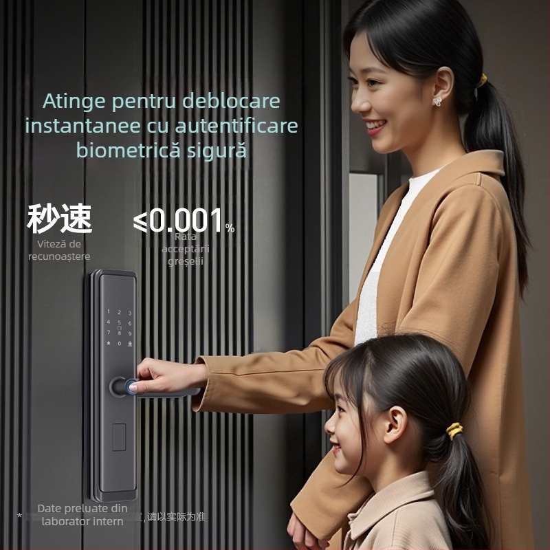 Zamok inteligent pentru ușă cu amprentă și parolă — 40 de amprente stocate; peste 1.000.000 de deblocări; timp de scanare <0,1 s; rată de acceptare falsă 0,001%; rată de respingere falsă 1,0%