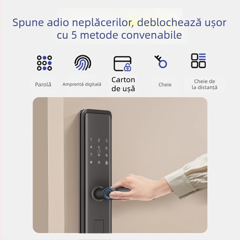 Zamok inteligent pentru ușă cu amprentă și parolă — 40 de amprente stocate; peste 1.000.000 de deblocări; timp de scanare <0,1 s; rată de acceptare falsă 0,001%; rată de respingere falsă 1,0%