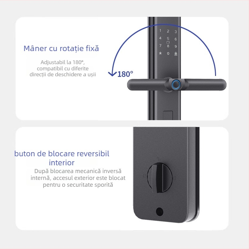 Zamok inteligent pentru ușă cu amprentă și parolă — 40 de amprente stocate; peste 1.000.000 de deblocări; timp de scanare <0,1 s; rată de acceptare falsă 0,001%; rată de respingere falsă 1,0%