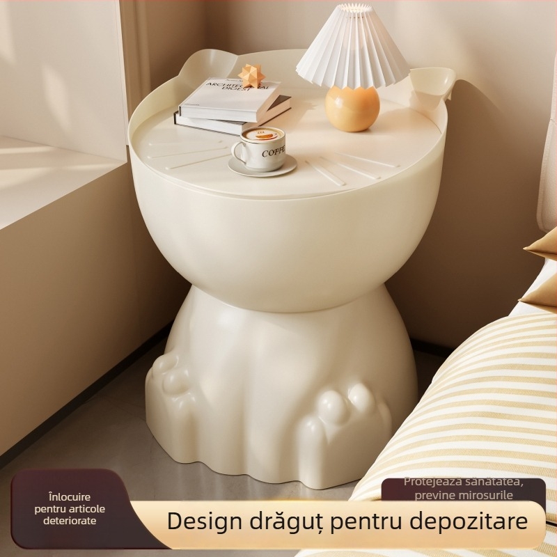 Măsuță de noapte în formă de labă de pisică, suprafață din plastic, margini rotunde, spațiu de depozitare, complet asamblată
