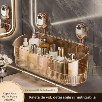 Raft de depozitare pentru baie cu ventuze, montare pe perete fără găuri — stil ușor lux, PET material, 1 nivel, set 10 bucăți, pentru bucătărie și baie