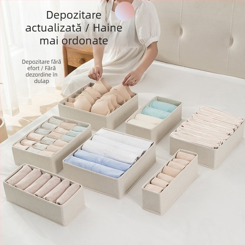 Cutie de depozitare pentru lenjerie KC9001-9002, din bumbac și in Tianshan, pliabilă cu compartimente, rezistentă la umezeală și praf, pentru șosete, sutiene și haine, stil japonez