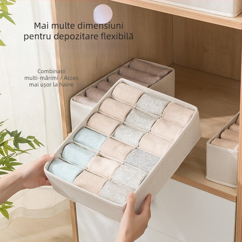 Cutie de depozitare pentru lenjerie KC9001-9002, din bumbac și in Tianshan, pliabilă cu compartimente, rezistentă la umezeală și praf, pentru șosete, sutiene și haine, stil japonez