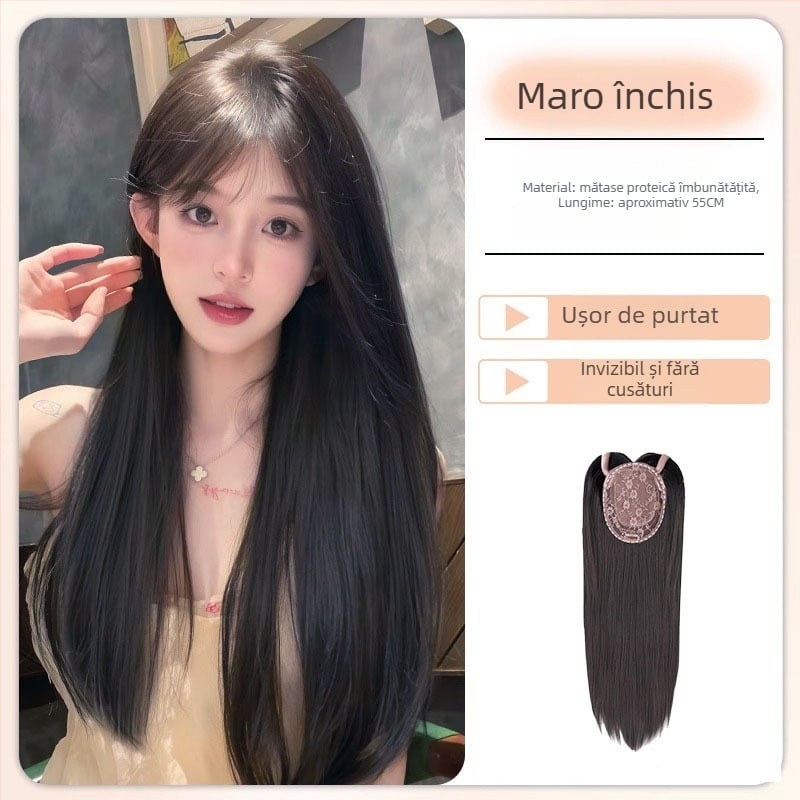 Perucă pentru femei cu păr lung drept, bucată de păr pe creștet pentru volum, fără plasă, cusută la mașină, păr rezistent la căldură, brand Discover Beauty