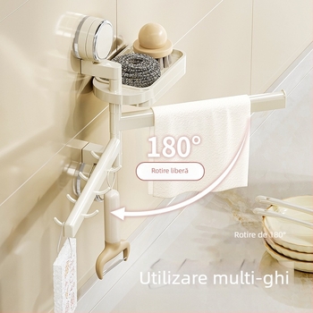 Raft de bucătărie cu ventuză pentru bureți și cârpe — montaj fără găuri, cârlige rotative, plastic