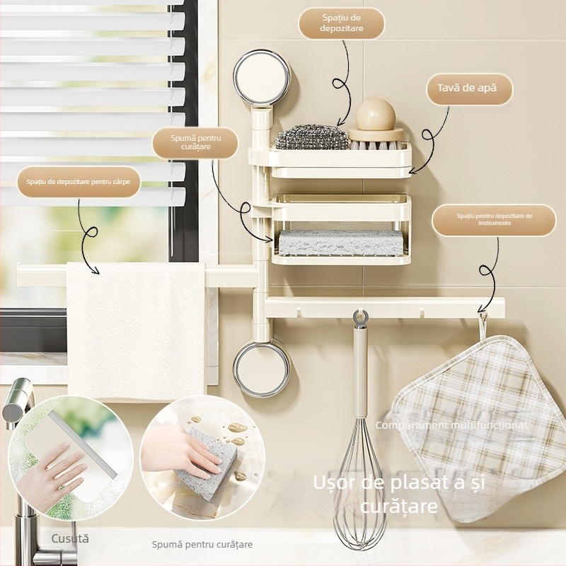 Raft de bucătărie cu ventuză pentru bureți și cârpe — montaj fără găuri, cârlige rotative, plastic