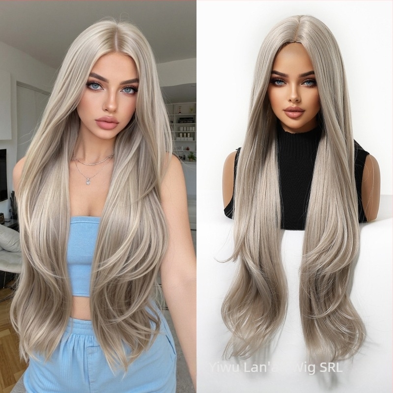 Perucă Emmor pentru întregul cap, parte mijlocie, multistrat, textură ondulată și dreaptă, păr sintetic