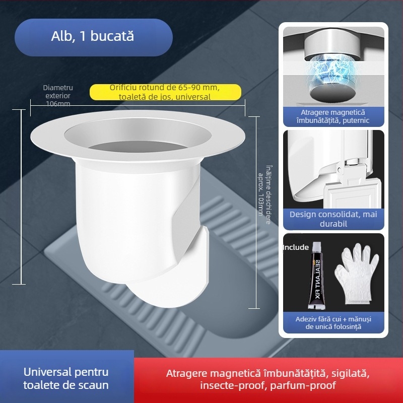 Dispozitiv de blocare a mirosurilor pentru toaletă de tip squat – ABS, fără rezervor de apă, fără barieră de apă, fără sifon, stil modern minimalist