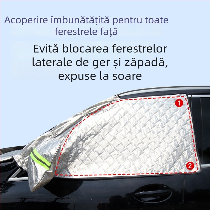 Protecție pentru parbriz auto împotriva zăpezii iarna – folie de aluminiu îndurată; montaj cu clipsuri; potrivit pentru modele generale; partea din față; stil simplu