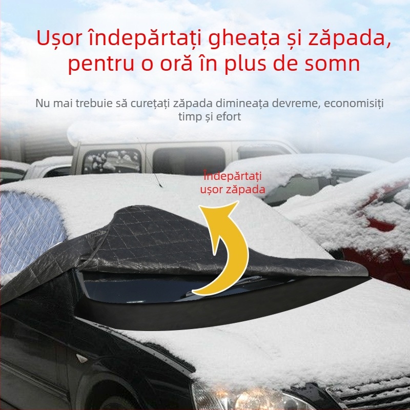 Protecție pentru parbriz auto împotriva zăpezii iarna – folie de aluminiu îndurată; montaj cu clipsuri; potrivit pentru modele generale; partea din față; stil simplu