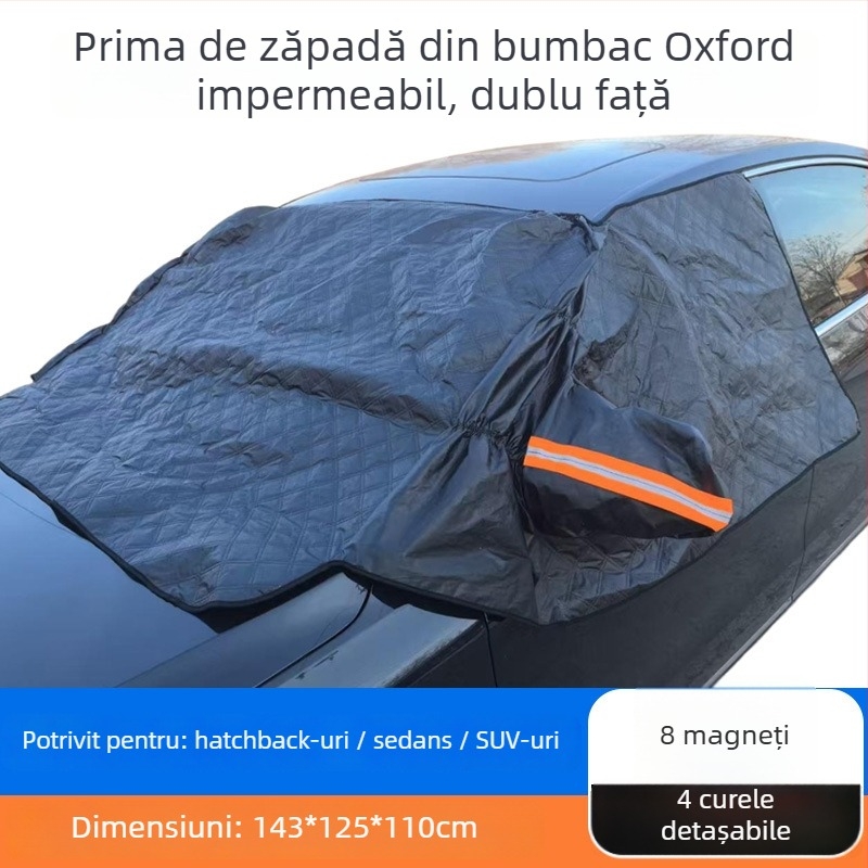 Protecție pentru parbriz auto împotriva zăpezii iarna – folie de aluminiu îndurată; montaj cu clipsuri; potrivit pentru modele generale; partea din față; stil simplu