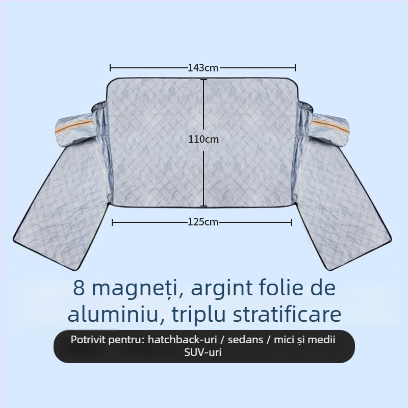 Protecție pentru parbriz auto împotriva zăpezii iarna – folie de aluminiu îndurată; montaj cu clipsuri; potrivit pentru modele generale; partea din față; stil simplu