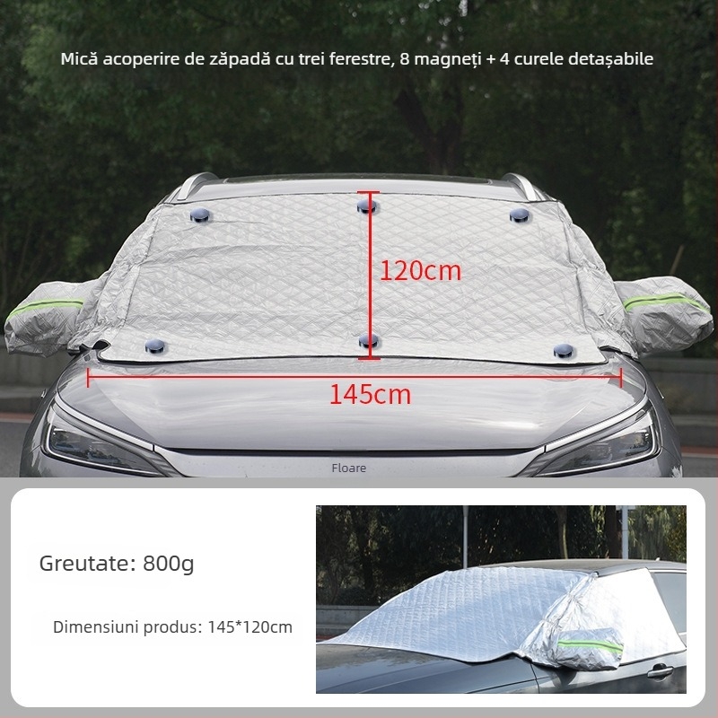 Protecție pentru parbriz auto împotriva zăpezii iarna – folie de aluminiu îndurată; montaj cu clipsuri; potrivit pentru modele generale; partea din față; stil simplu